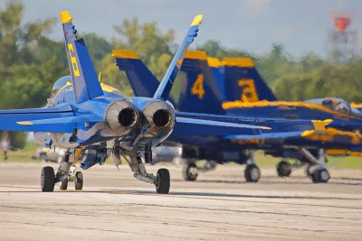 The blue angels taxiing for takeoff.