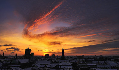 Sunset over snowy Copenhagen
