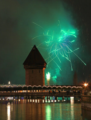 Firework next to Chapell tower, Lucerne
