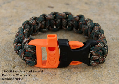 Woodland Camo Survival Bracelet in 550 Mil-Spec Para Cord with whistle buckle