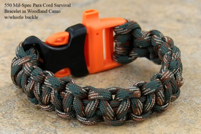 Woodland Camo Survival Bracelet in 550 Mil-Spec Para Cord with whistle buckle