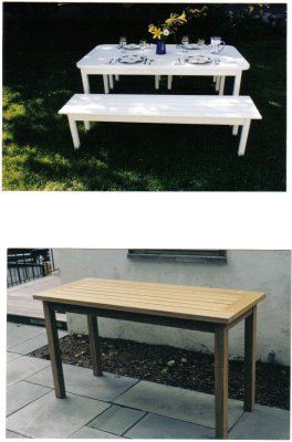 Teak Serving Table and Dinning Table with Benches