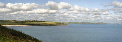 panorama: Towan in foreground, Gerrans bay centre; Nare head & Gull rock beyond and nearly to Dodman point in distance