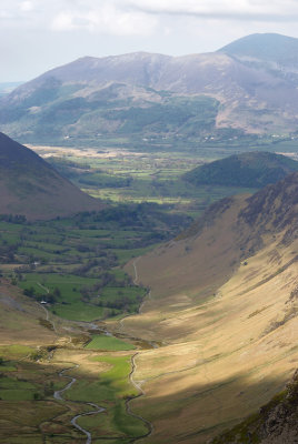 Newlands valley from Dale Head tarn; Skiddaw beyond