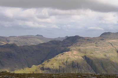 from High Scawdell; Langdales on horizon, approaches to Great Gable in middle ground