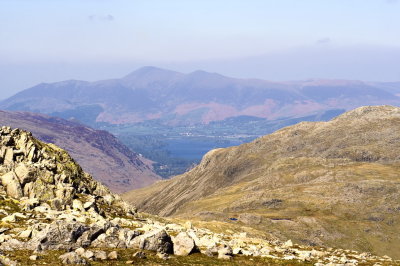 Extra diversion to Esk Pike to get view towards Keswick with Derwent water in front of it and Skiddaw beyond