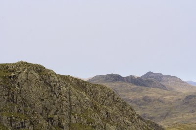 Crinkle Crags from 'prison band' with Swirl How foreground left; shoulder from Wrynose fell to right & Bow fell beyond