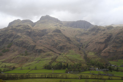 Langdale Pikes left, harrison Stickle centre and Pavey Ark right with Old Dungeon Ghyll routes