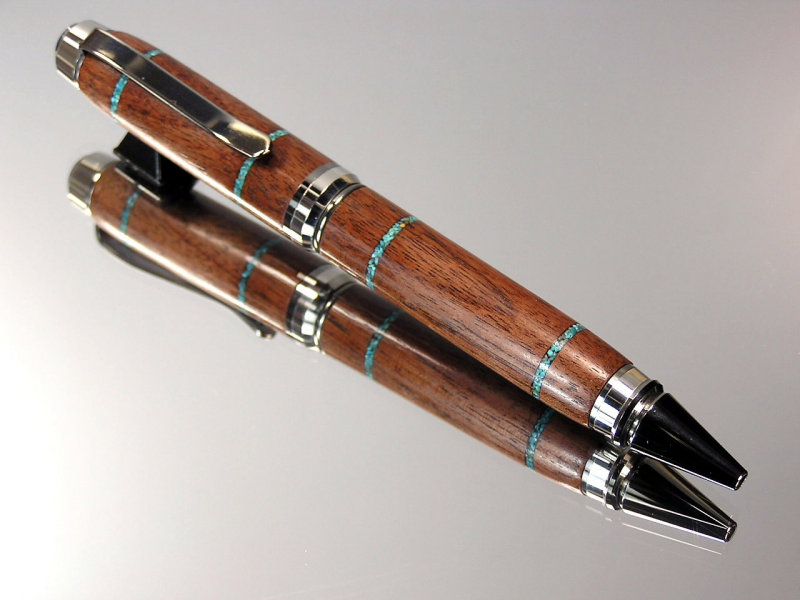 Black Walnut Turquoise Inlay Black Titanium & Platinum Pen