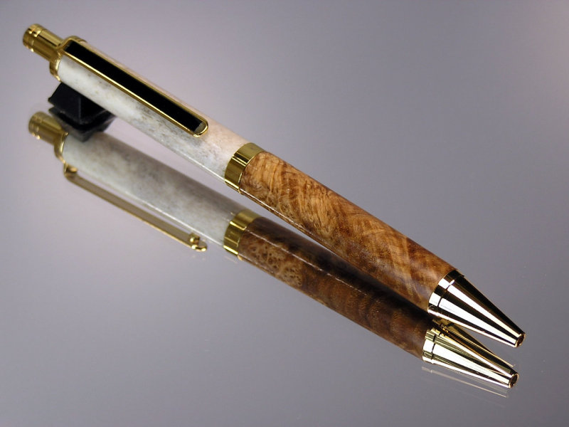 Black Ash Burl/Whitetail Deer Antler Combo Gel or Ballpoint Click Pen 24kt Gold Hardware