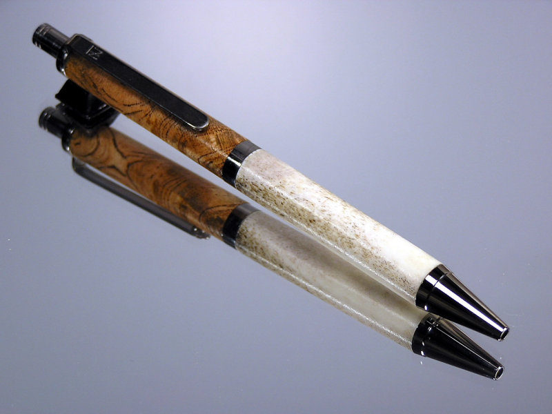 Whitetail Deer Antler & Black Cherry Burl Combo Click Pen Black Titanium Hardware