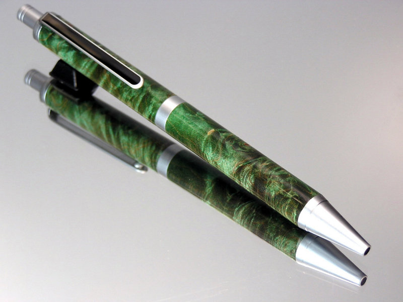 Green Tinted Maple Burl Gel or Ballpoint Click Pen Brushed Satin Hardware 