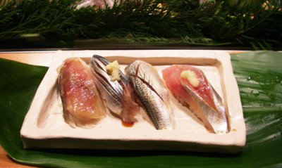 Saba, Kanpachi, Kohada, and Aji Sushi at Hatsuhana 1587.jpg