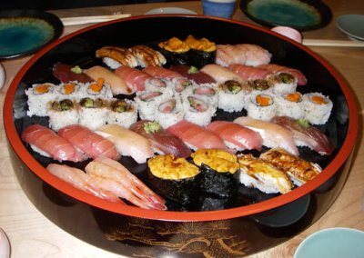 Sushi with Anago, Toro, Bonito, Gobo and Eel Rolls, Ebi, Yellowtail, Uni with Nikiri/Nitsume 1720.jpg