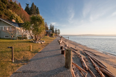 Exterior, path and beach at sunrise