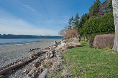 Lawn, beach and Colvos Pass