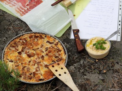 Valnts- & kantarell-paj och till hger hummus med vitlk & sesamfrn