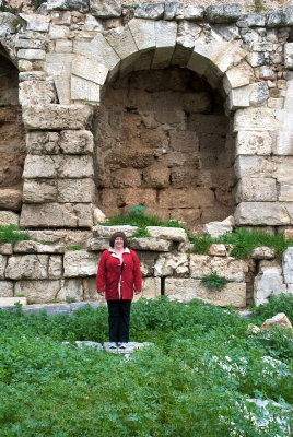 Kathy and an old wall