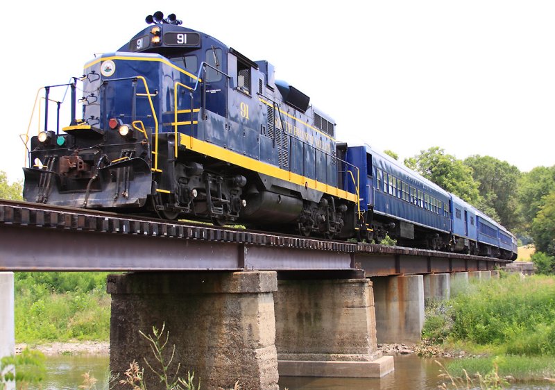 The Saturday Brunch train crosses a stream near Moorefield