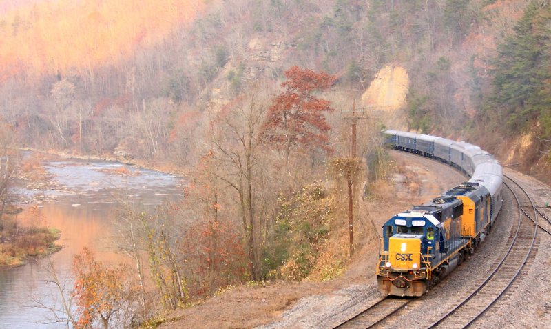 Southbound departing Elkhorn City, along the Levisa Fork River 