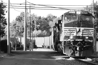 The gardner for a local funeral home takes a break to watch NS 895 pass by 