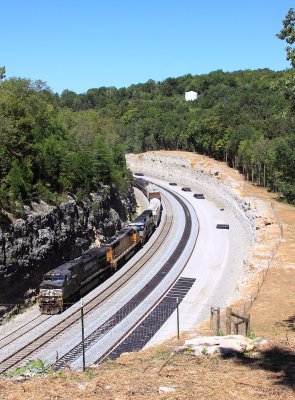 Southbound NS 161 eases down #2 track through the new cut 