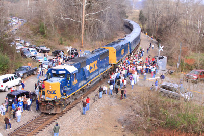 The CSX Safety patrol holds the crowds back as the train arrives at Fort Blackmore