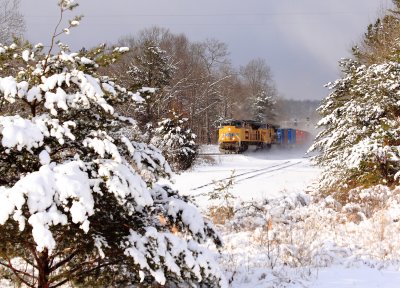 Southbound NS 295 with a pair of UP motors passes through a winter wonderland at Cumberland Falls. 