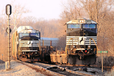 NS 285 holds the main at East Talmage, while the DPU on the rear of  22A ducks into the siding