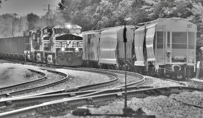 Empty coal train 705 passes through the small yard at Lawrenceburg 