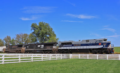 The sparkling clean 1070 leads a pair of grungy GE's past the Agee farm at Vanarsdale  
