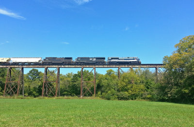 NS 111 crosses the bridge at Pope Lick, with the Wabash 1070 on the point 