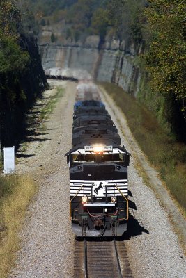 NS SD70M-2 #2677 leads Southbound grain loads at Kings Mountain Ky