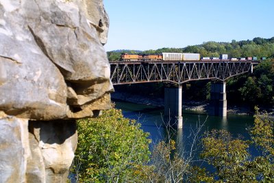 A pair of BNSF motors lead 224 across the Cumberland River bridge at Burnside