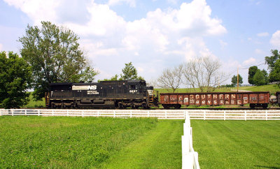 NS 8697 leads a 982 work train headed for the 44A derailment site at Waddy. Vanarsdale Ky
