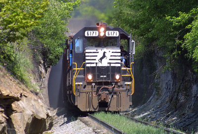 NS 239 with NS 6171 leading, exits the West End of Duncan Tunnel,