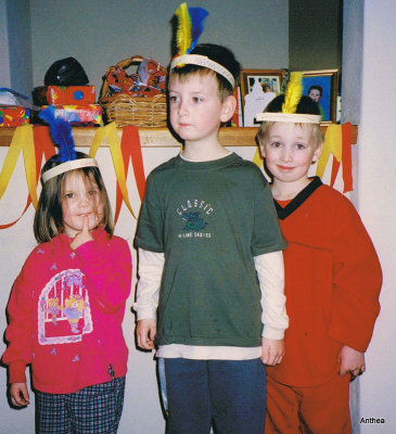 My three indian chiefs.  Sarah is pointing to her missing tooth.