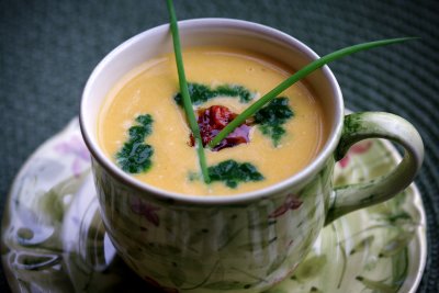 Butternut Squash Soup with Candied Carrot Brunoise & Parsley Pure