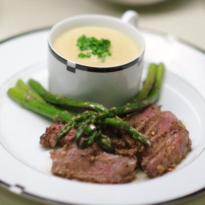 Ginger Steak with Roasted Asparagus  & Vichyssoise Soup