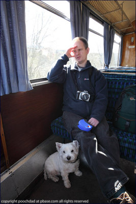 15. Dad shields his face from the ticket inspector and Pooch practises looking innocent
