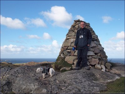 Iona: Pooch and Dad at the cairn on Dun I