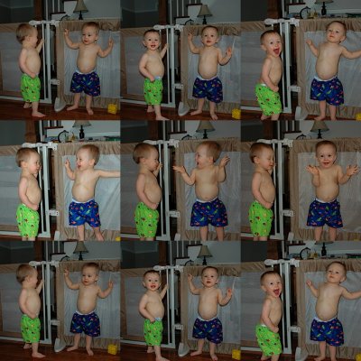 boys trying on bathing suits