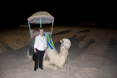 Nancy Crays with Camel at Desert Dinner, Dhahran