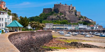 Sea wall and castle, Gorey, Jersey