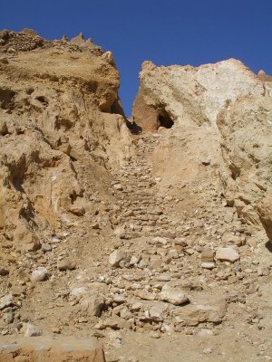 Mountain oasis of Chebika - crumbled stairway to old village