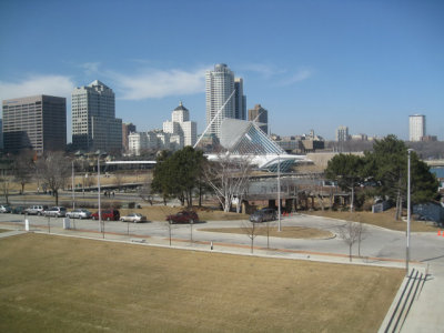 View of the Art Museum and Milwaukee sky line from one of the Discovery Pier windows