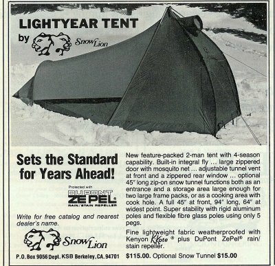  Snow Lion  Lightyear Tent  1977 Backpacker Magazine Ad.