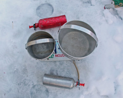 Winter Kitchen With Sigg Pots  ,License Plate And MSR Firefly/Model G Stoves