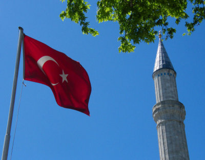 Hagia Sophia minaret and Turkish flag