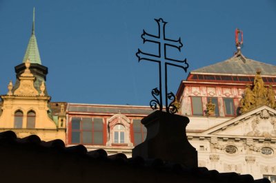 Ornate facades with cross, Prague
